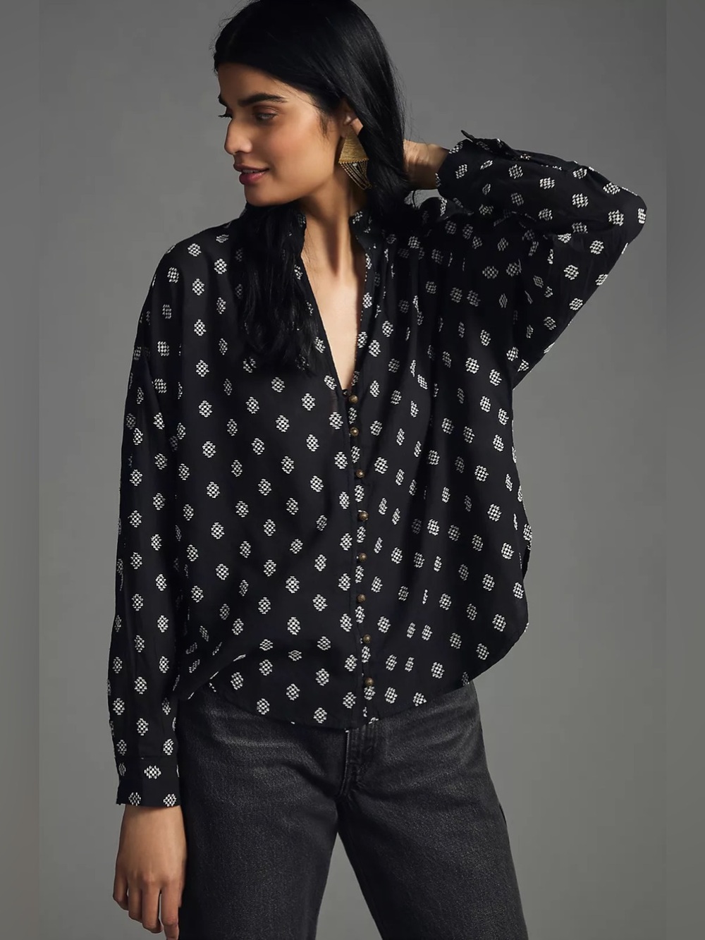 ANTHROPOLOGIE PILCRO The Tavi Embroidered Buttondown Blouse Boho Minimalist S